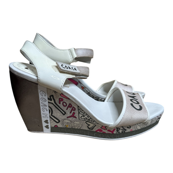 Rare Fun Coach White Printed Wedge Platform Leather Sandals Size 10 B - Picture 4 of 11